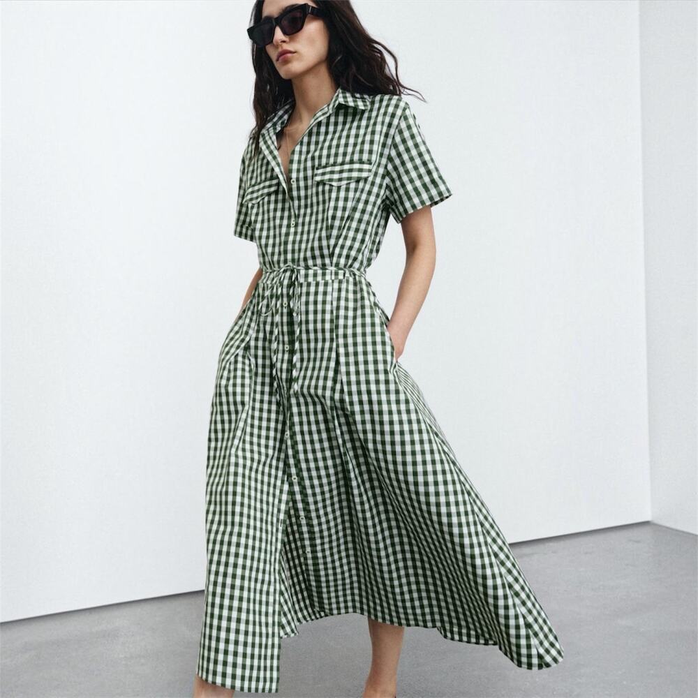 ZARA ZW Collection Green Gingham Check Midi Shirt Dress 100% Cotton